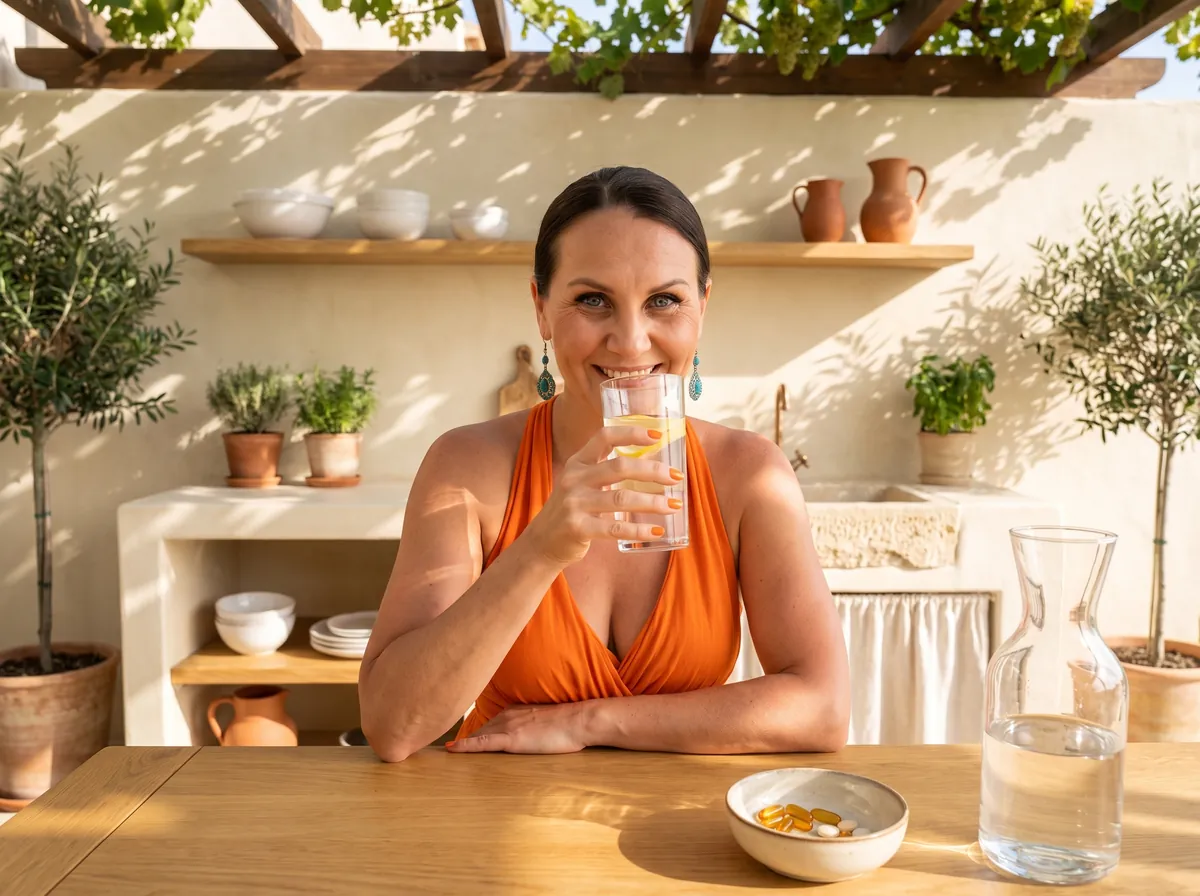 Vanessa trinkt in ihrer Sommerküche ein Glas Wasser, vor ihr eine Schale mit Vitalstoffen